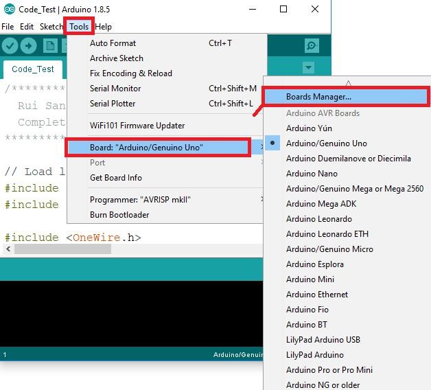 Tools menu, Board, Boards Manager highlighted