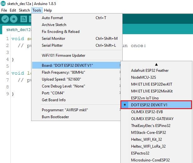 Selecting DOIT ESP32 DEVKIT V1