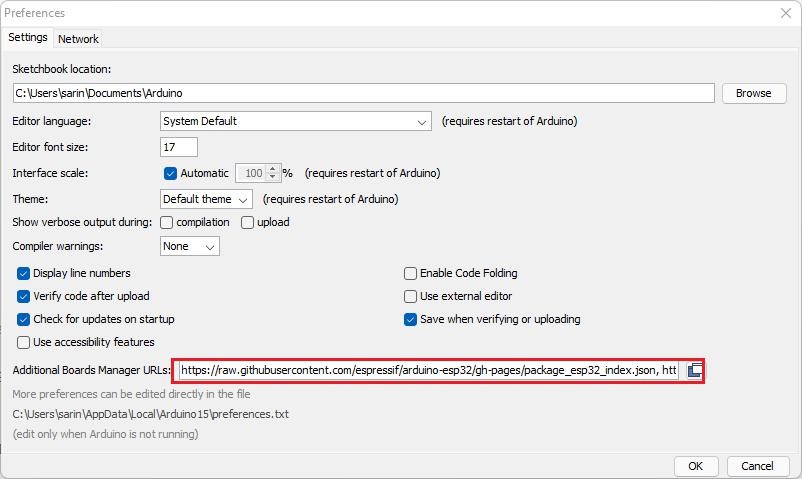 Preferences dialog with the ESP32 URL pasted