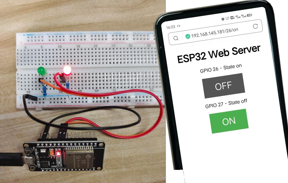 Breadboard with two LEDs controlled from a phone